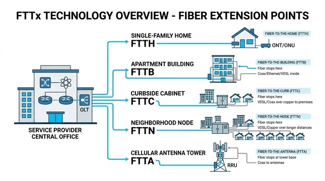 FTTx family overview showing FTTH, FTTB, FTTC, FTTN, and FTTA by fiber termination point FTTx family overview showing FTTH, FTTB, FTTC, FTTN, and FTTA by fiber termination point