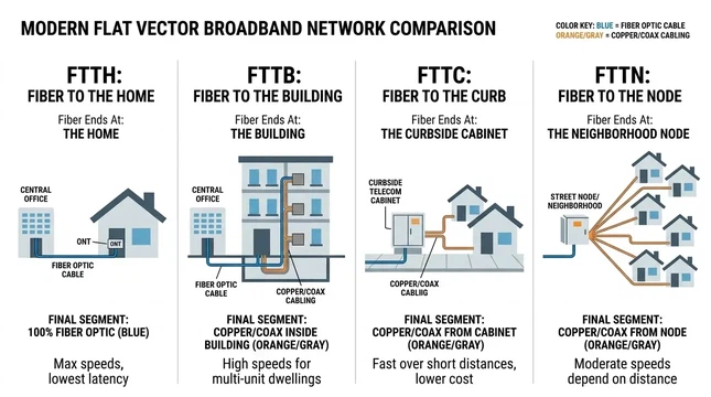 Comparison of FTTH, FTTB, FTTC, and FTTN showing where fiber terminates and what medium completes the last segment Comparison of FTTH, FTTB, FTTC, and FTTN showing where fiber terminates and what medium completes the last segment