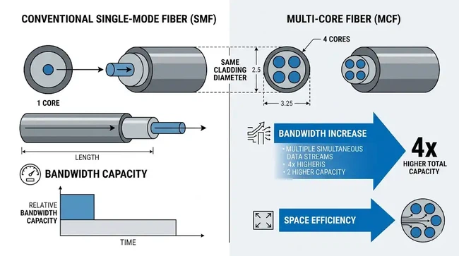 Comparison of single-mode fiber and multi-core fiber in structure and capacity Comparison of single-mode fiber and multi-core fiber in structure and capacity