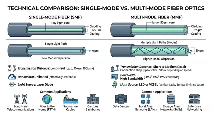 Single-mode and multi-mode fiber comparison diagram@hengtongglobal Single-mode and multi-mode fiber comparison diagram@hengtongglobal