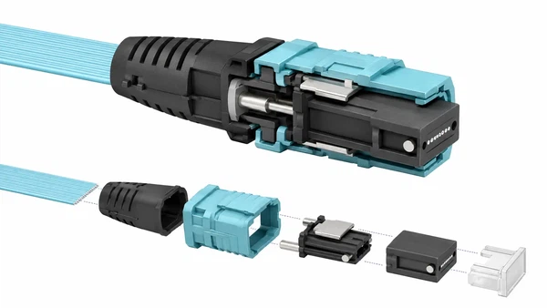 Cutaway view of a ribbon-structured MPO connector Cutaway view of a ribbon-structured MPO connector