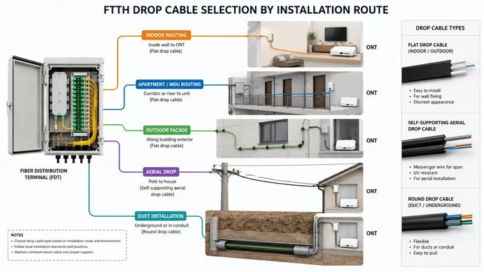 FTTH drop cable selection by installation route FTTH drop cable selection by installation route