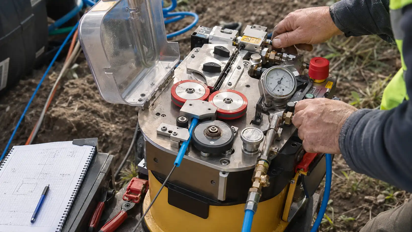 Fiber blowing machine installing micro-cable on site Fiber blowing machine installing micro-cable on site