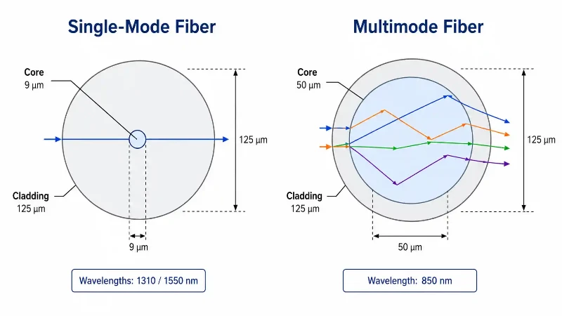 Single-mode vs multimode fiber core and light propagation Single-mode vs multimode fiber core and light propagation