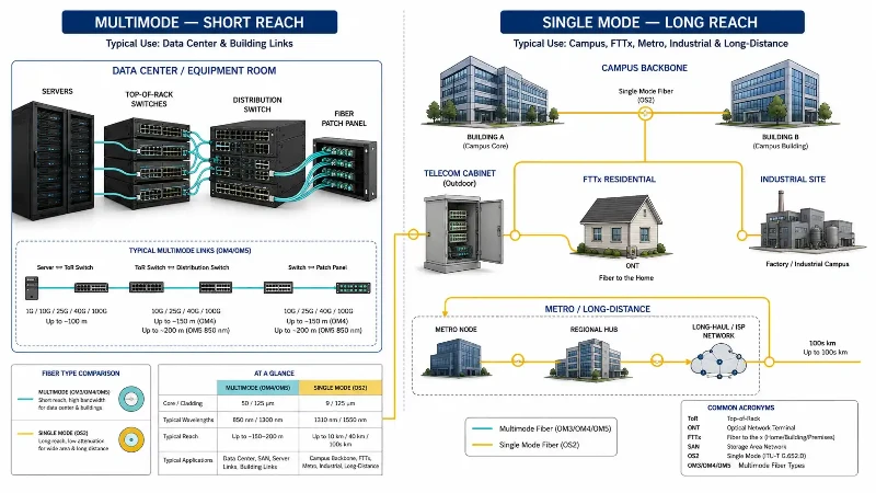 Typical single-mode and multimode fiber applications Typical single-mode and multimode fiber applications