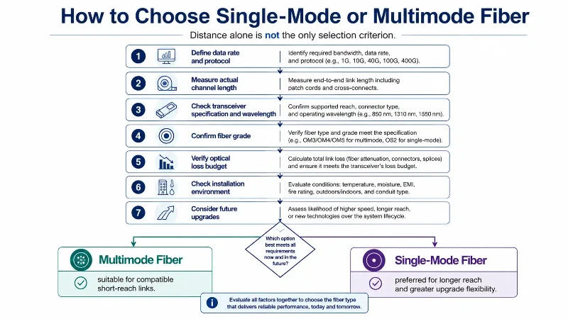 Single-mode vs multimode fiber selection flowchart Single-mode vs multimode fiber selection flowchart