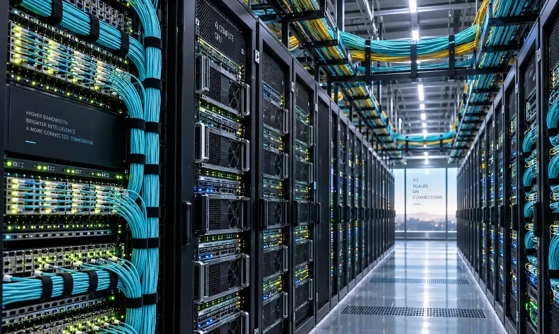 High-density fiber optic cables in an AI data center High-density fiber optic cables in an AI data center