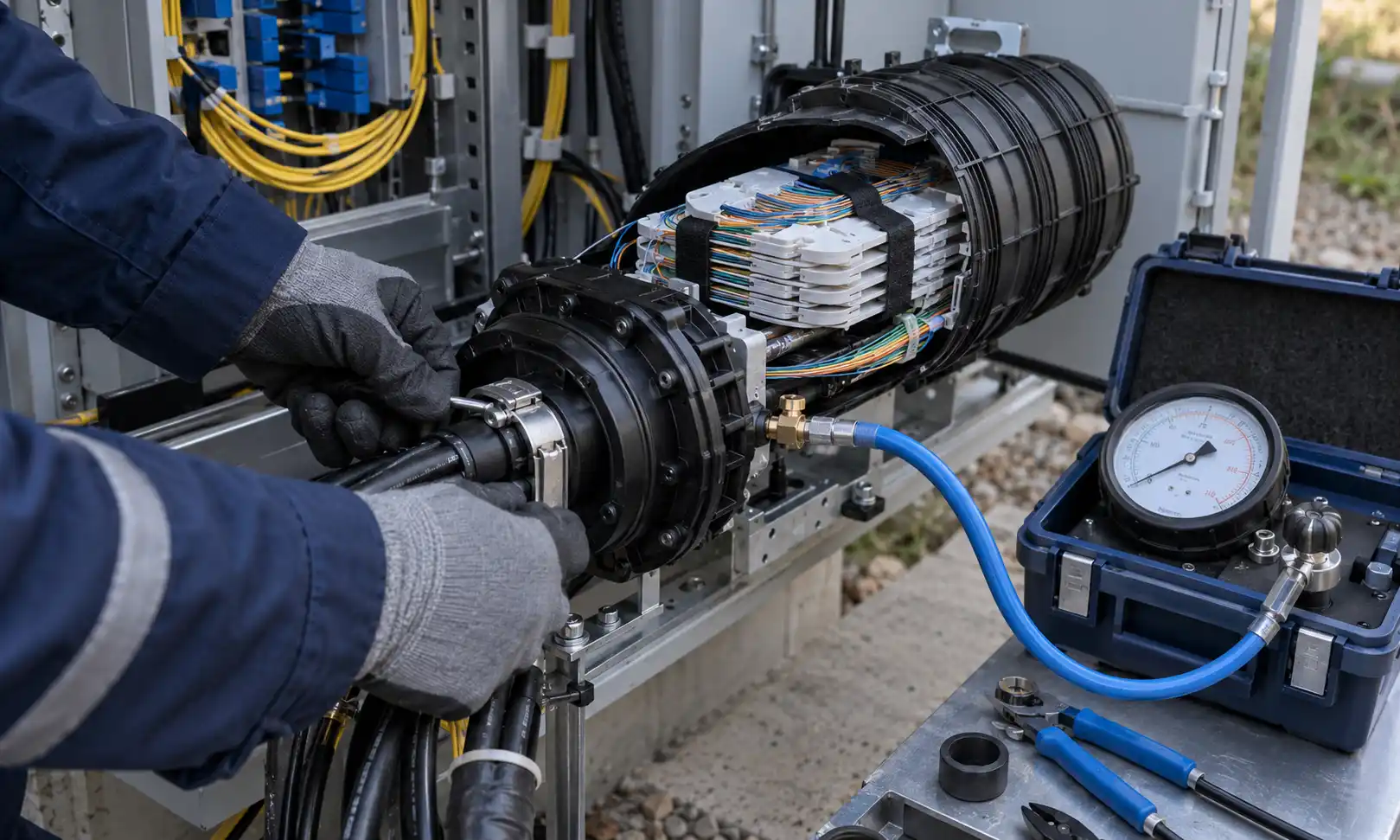 Fiber optic splice closure installation and leak testing Fiber optic splice closure installation and leak testing